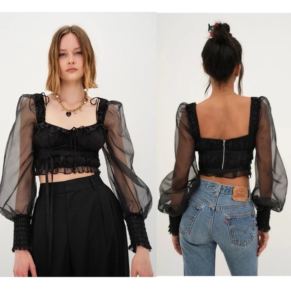 NEW LOVE & LEMONS Organza Puff Long Sleeve Ruffle Sweetheart Neck Crop Top XS - Picture 4 of 16